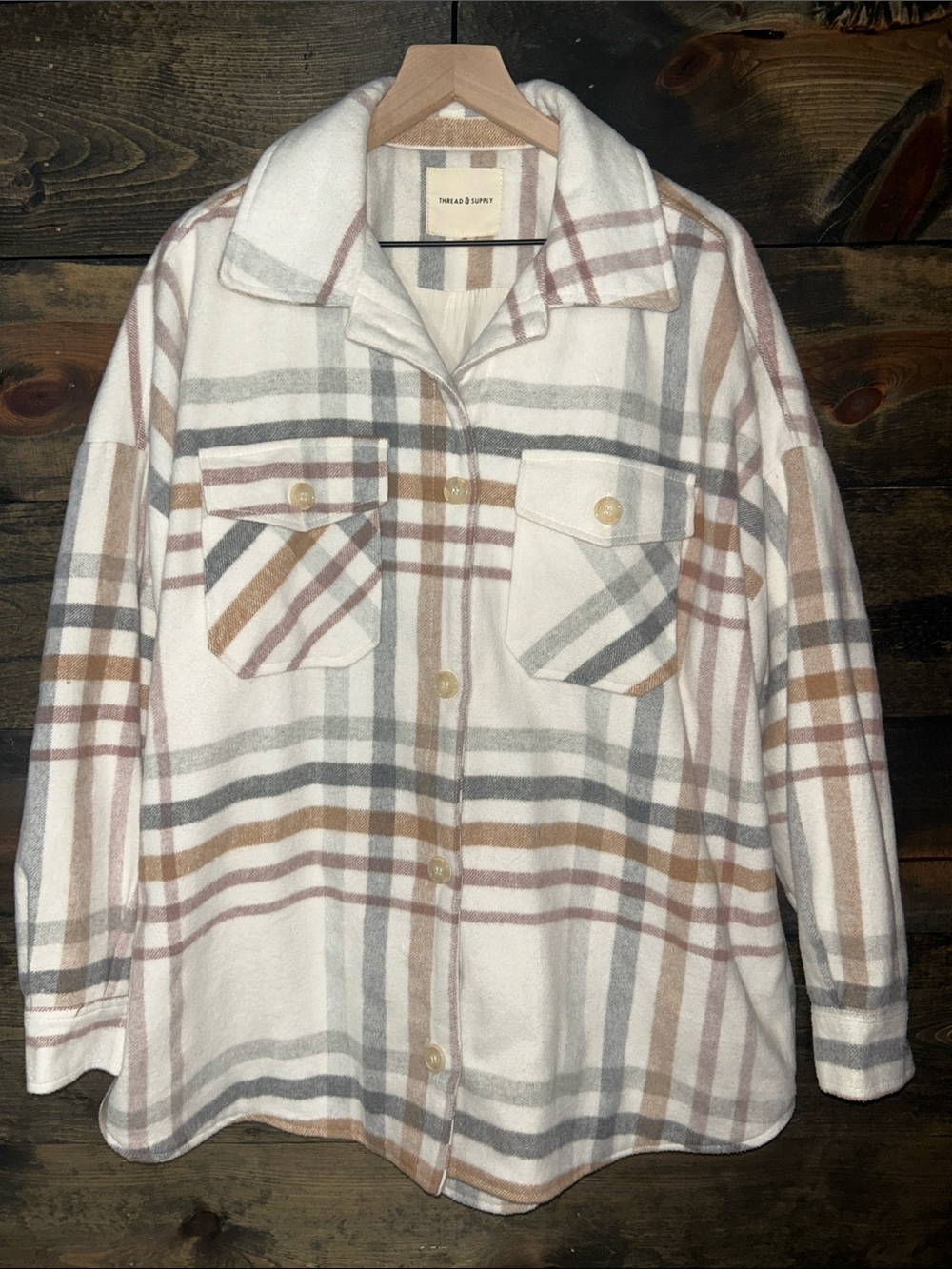 Thread & Supply Cream Plaid Shacket with Tan & Gray Stripes